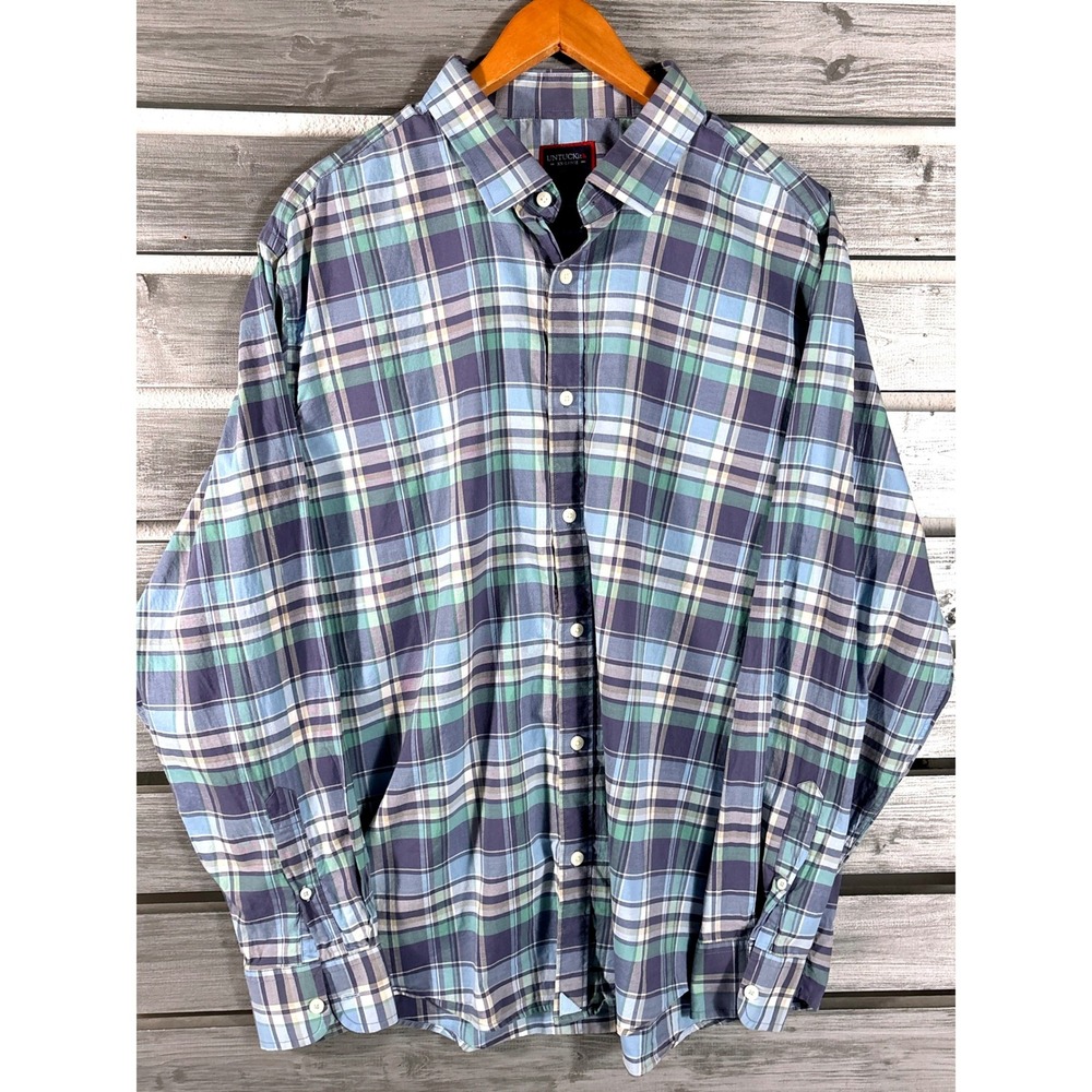 UNTUCKit Mens XXL Button Down Shirt Blue Green Plaid Long Sleeve 100% Cotton